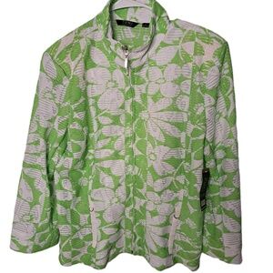 Toni Morgan Womens White Green Floral Mock Neck Full Zip Jacket Large NEW